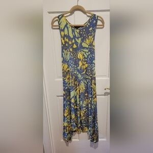 Vibrant Floral Midi Dress in Blue and Yellow